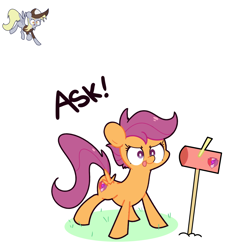 Size: 1280x1280 | Tagged: safe, artist:turtlefarminguy, derpy hooves, scootaloo, pegasus, pony, crusaders of the lost mark, :p, ask, cutie mark, determination, female, filly, flying, mailbox, mare, scootaloo responds, smiling, smirk, spread wings, the cmc's cutie marks, tongue out, tumblr