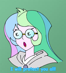 Size: 497x555 | Tagged: safe, artist:combatkaiser, princess celestia, principal celestia, equestria girls, rainbow rocks, bust, costume swap, glasses, green background, halca hepburn, legendz, legendz: tale of the dragon kings, open mouth, portrait, simple background