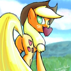 Size: 2000x2000 | Tagged: safe, artist:kanashiipanda, applejack, earth pony, pony, apple, butt, female, looking at you, mare, mouth hold, plot, solo