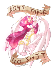 Size: 1090x1410 | Tagged: safe, artist:djsckatzen, princess celestia, alicorn, pony, bracelet, cloven hooves, earring, female, fluffy, horn jewelry, horn ring, jewelry, mare, necklace, old banner, positive message, positive ponies, simple background, smiling, solo, spread wings, transparent background, unshorn fetlocks, vulgar