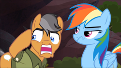 Size: 1920x1080 | Tagged: safe, derpibooru import, screencap, quibble pants, rainbow dash, pegasus, pony, stranger than fan fiction, faic, rainbow dash is not amused, unamused