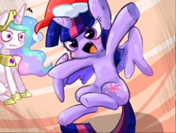 Size: 512x387 | Tagged: safe, artist:miki 14, princess celestia, twilight sparkle, twilight sparkle (alicorn), alicorn, pony, female, hat, mare, santa hat