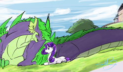 Size: 1200x706 | Tagged: safe, artist:spottedalienmonster, rarity, spike, dragon, pony, unicorn, female, male, older, older spike, shipping, sparity, straight