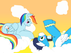 Size: 900x675 | Tagged: safe, artist:goldflygon, derpibooru import, rainbow dash, soarin', pegasus, pony, blushing, cloud, cloudy, female, male, shipping, soarindash, straight