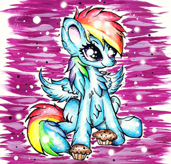 Size: 550x525 | Tagged: safe, artist:xxsilvixx, derpibooru import, rainbow dash, pegasus, pony, muffin, solo, traditional art