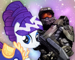 Size: 414x335 | Tagged: safe, rarity, pony, unicorn, clothes, crossover, dress, halo (series), master chief