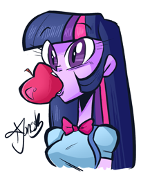 Size: 1067x1309 | Tagged: safe, artist:tychosexual, derpibooru import, twilight sparkle, equestria girls, equestria girls (movie), apple, food, mouth hold, simple background, solo, white background