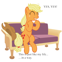 Size: 2000x2000 | Tagged: safe, edit, applejack, earth pony, pony, eyes closed, gravity falls, grunkle stan, sitting, sofa, solo, text, the inconveniencing