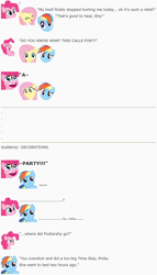 Size: 609x1063 | Tagged: safe, artist:dziadek1990, derpibooru import, fluttershy, pinkie pie, rainbow dash, earth pony, pegasus, pony, conversation, dialogue, emote story, emotes, pain, party, reddit, slice of life, text