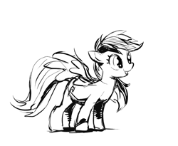 Size: 800x656 | Tagged: safe, artist:juubee, derpibooru import, rainbow dash, pegasus, pony, black and white, female, grayscale, mare, monochrome, simple background, solo, white background