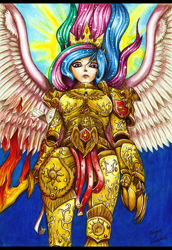 Size: 1000x1454 | Tagged: safe, artist:lanteria, artist:tarreth, princess celestia, human, armor, claw, crossover, god empress of ponykind, god-emperor of mankind, humanized, multicolored hair, praise the sun, purity seal, solo, sword, warhammer (game), warhammer 40k, warrior, warrior celestia