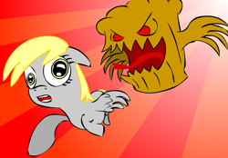 Size: 1492x1040 | Tagged: safe, artist:сладкий, derpy hooves, pegasus, pony, female, food, mare, monster, muffin, muffin monster, open mouth, sunburst background