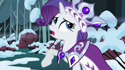 Size: 1280x720 | Tagged: safe, screencap, princess platinum, rarity, pony, unicorn, clothes, cosplay, costume, snow, tree