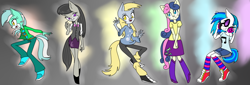 Size: 1280x437 | Tagged: safe, artist:popysfilms, bon bon, derpy hooves, dj pon-3, lyra heartstrings, octavia melody, sweetie drops, vinyl scratch, anthro, plantigrade anthro, background five, clothes, converse, sega, shoes, sonic the hedgehog (series), sonicified
