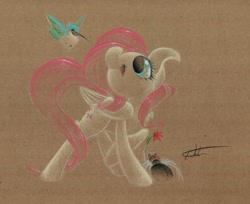 Size: 1280x1045 | Tagged: safe, artist:getchanoodlewet, fluttershy, hummingway, bird, hummingbird, pegasus, pony, spider, solo, traditional art