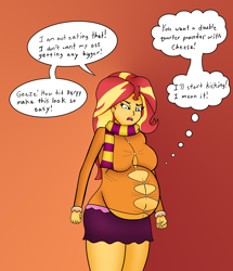 Size: 1856x2157 | Tagged: safe, artist:foxtide888, artist:pacificside18, sunset shimmer, equestria girls, belly, belly button, big belly, clothes, dialogue, female, jacket, orange background, pregnant, pregnant equestria girls, scarf, simple background, skirt, speech bubble, sunset preggers, wardrobe malfunction