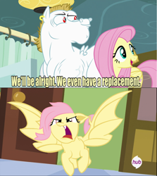 Size: 640x717 | Tagged: safe, bulk biceps, fluttershy, pegasus, pony, blonde, blonde mane, blonde tail, blue eyes, curtain, ear piercing, exploitable meme, female, flutterbat, looking to side, looking to the right, male, mare, meme, open mouth, piercing, pink mane, pink tail, red eyes, replacement meme, smiling, spread wings, stallion, text, white coat, wings, yellow coat