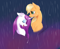 Size: 1200x1000 | Tagged: safe, artist:leasmile, applejack, rarity, earth pony, pony, unicorn, female, lesbian, rain, rarijack, shipping, wet, wet mane, wet mane rarity