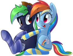 Size: 1510x1145 | Tagged: safe, artist:january3rd, derpibooru import, rainbow dash, oc, oc:moonlit ace, pegasus, pony, canon x oc, clothes, cowboy hat, cute, dashabetes, hat, hug, hug from behind, simple background, socks, stetson, striped socks, transparent background