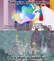 Size: 1021x1149 | Tagged: safe, princess celestia, alicorn, pony, celestia's proclamation, exploitable meme, meme, snow, snowfall, tyrant celestia