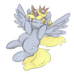 Size: 1024x1024 | Tagged: safe, artist:ymiart, derpy hooves, pegasus, pony, cardboard, crown, fake horn, female, flying, mare, signature, simple background, solo, transparent background