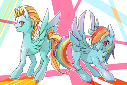 Size: 600x400 | Tagged: safe, artist:temecharo, derpibooru import, lightning dust, rainbow dash, pegasus, pony, looking back, open mouth, smiling, smirk, spread wings