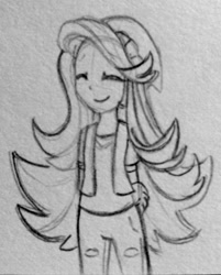 Size: 1030x1280 | Tagged: safe, artist:chautung, starlight glimmer, equestria girls, mirror magic, spoiler:eqg specials, beanie, clothes, eyes closed, hat, monochrome, pencil drawing, ripped pants, shirt, smiling, solo, traditional art, vest