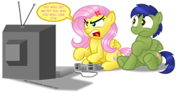 Size: 1024x550 | Tagged: safe, artist:aleximusprime, fluttershy, oc, oc:glyde, pegasus, pony, flutterrage, gamershy, gaming, scared, simple background, television, transparent background, video game