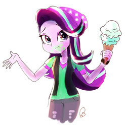 Size: 1667x1686 | Tagged: safe, artist:rado, starlight glimmer, equestria girls, mirror magic, spoiler:eqg specials, beanie, clothes, cute, female, food, glimmerbetes, hat, ice cream, messy eating, ripped pants, shirt, solo, that human sure does love ice cream, vest