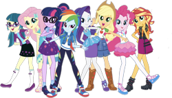 Size: 1970x1123 | Tagged: safe, artist:flameprincess3535, derpibooru import, editor:php77, applejack, fluttershy, juniper montage, pinkie pie, rainbow dash, rarity, sci-twi, sunset shimmer, twilight sparkle, better together, equestria girls, spoiler:eqg specials, converse, humane five, humane seven, humane six, sandals, shoes, simple background, sneakers, transparent background