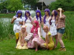 Size: 4608x3456 | Tagged: artist needed, safe, fluttershy, pinkie pie, rarity, human, 2013, animenext, apron, clothes, convention, cosplay, cupcake, dress, food, grass, group photo, irl, irl human, photo