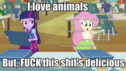 Size: 960x540 | Tagged: safe, derpibooru import, edit, edited screencap, screencap, fluttershy, twilight sparkle, equestria girls, equestria girls (movie), burger, caption, female, food, image macro, nigga, veggie burger, vulgar