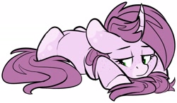 Size: 1961x1147 | Tagged: safe, artist:mulberrytarthorse, oc, oc only, oc:mulberry tart, pony, unicorn, female, lying down, mare, sad, solo