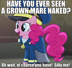 Size: 720x680 | Tagged: safe, edit, edited screencap, screencap, pinkie pie, earth pony, pony, testing testing 1-2-3, airplane!, caption, clothes, costume, image macro, meme, solo, uniform, we don't normally wear clothes