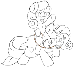 Size: 1215x1132 | Tagged: safe, artist:schizophrenicghost, rarity, sweetie belle, pony, unicorn, angry, bridle, female, lineart, monochrome, ponies riding ponies, reins, riding, sisters, tack