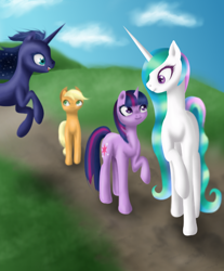 Size: 636x768 | Tagged: safe, artist:freyiejj, applejack, princess celestia, princess luna, twilight sparkle, alicorn, earth pony, pony, hatless, missing accessory