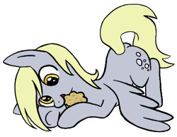 Size: 450x350 | Tagged: safe, artist:jullew0lf, derpy hooves, pegasus, pony, cute, face down ass up, female, food, mare, muffin, nom, open mouth, prone, simple background, smiling, solo, spread wings, transparent background, underhoof