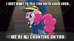 Size: 1920x1080 | Tagged: safe, screencap, pinkie pie, earth pony, pony, testing testing 1-2-3, airplane!, caption, clothes, costume, female, hat, image macro, mare, meme, motivational, solo, uniform