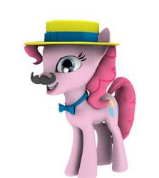 Size: 664x745 | Tagged: safe, artist:sparkyfox, pinkie pie, earth pony, pony, trade ya, 3d, bowtie, cg, fake moustache, fanart, flim flam style, hat, simple background, solo, transparent background