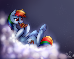 Size: 1024x819 | Tagged: safe, artist:rflzqt, derpibooru import, rainbow dash, pegasus, pony, cloud, night, pizza, solo, stars