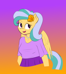 Size: 864x960 | Tagged: safe, artist:funble, artist:pacificside18, oc, oc only, oc:pacific breeze, anthro, pegasus, unguligrade anthro, anthro oc, bust, clothes, female, flower, flower in hair, looking at you, mare, simple background