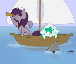 Size: 1280x1069 | Tagged: safe, artist:nom-sympony, oc, oc only, oc:pepci, oc:pepper dust, oc:spearmint, shark, boat, tongue out