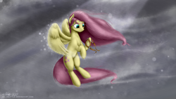 Size: 1920x1080 | Tagged: safe, artist:abluskittle, fluttershy, pegasus, pony, hurricane fluttershy, female, flying, goggles, hoof hold, mare, rain, signature, solo, spread wings, windswept mane, windswept tail, wings