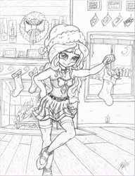 Size: 2550x3316 | Tagged: safe, artist:artponymdp, sunset shimmer, equestria girls, armpits, christmas, christmas stocking, clothes, fireplace, high res, holiday, lineart, monochrome, sketch, socks, solo, traditional art, window, wreath