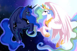 Size: 1000x666 | Tagged: safe, artist:crunchobar, princess celestia, princess luna, alicorn, pony, day, day and night, female, large wings, night, princess, royal sisters, sisters, wings