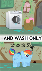 Size: 1315x2226 | Tagged: safe, artist:ultrathehedgetoaster, derpibooru import, rainbow dash, pegasus, pony, angry, comic, flattened, shrunk, shrunk in the wash, transformation, washing machine, wat, wet