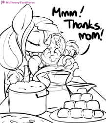 Size: 2000x2300 | Tagged: safe, artist:mulberrytarthorse, oc, oc only, oc:mulberry tart, oc:southern smorgasbord, pony, daughter, feast, female, filly, food, morgpie, mother, patreon, patreon logo, ponies eating meat