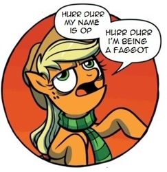 Size: 306x315 | Tagged: safe, idw, applejack, earth pony, pony, clothes, op is a faggot, reaction image, scarf, solo, vulgar