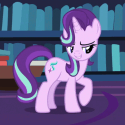Size: 600x600 | Tagged: safe, edit, screencap, starlight glimmer, pony, unicorn, fame and misfortune, season 7, animated, book, bookshelf, cropped, gif, library, loop, sassy, smug, smuglight glimmer, solo, table, twilight's castle, twilight's castle library