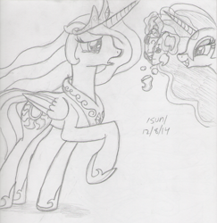 Size: 1254x1292 | Tagged: safe, artist:slash-sun-slash, nightmare moon, princess celestia, alicorn, pony, celestiadoodle, crying, destruction, levitation, magic, monochrome, plushie, traditional art